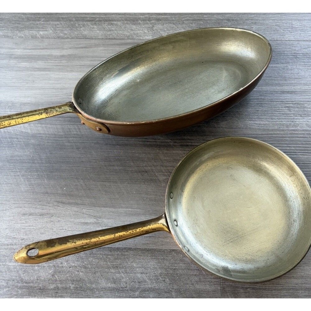 Vintage Copral Portugal Copper Pan Set Oval Gratin & Round Skillet Brass - Picture 6 of 7
